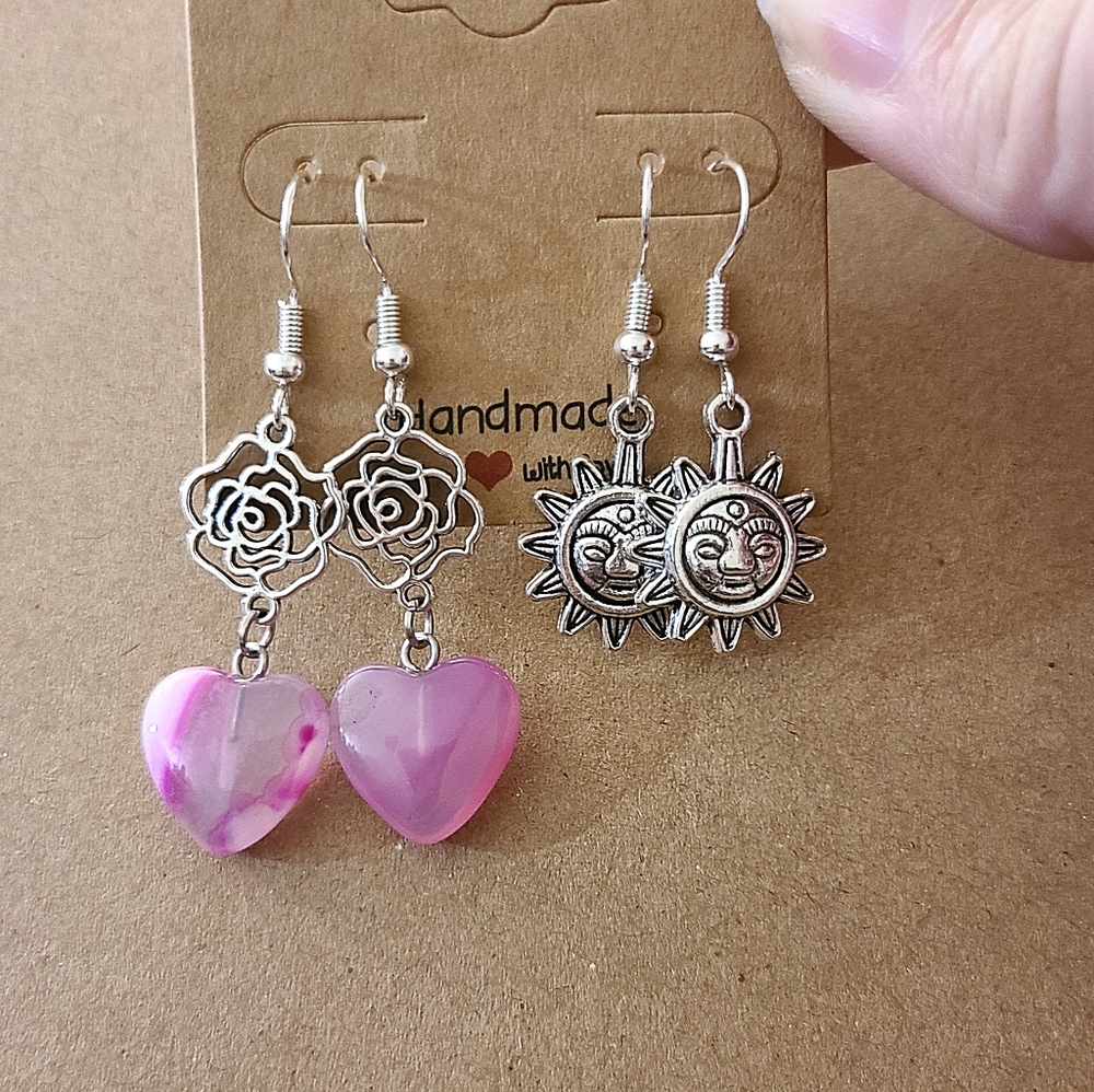 Silver Rose Sun Earrings Set Handmade Boho Bohemian Hippie
